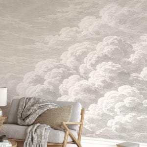 May include: A room with a cloud-themed wallpaper in shades of gray and white. A gray sofa with a throw blanket and pillow is in front of the wall. A wooden chair and a side table with a lamp are also visible.