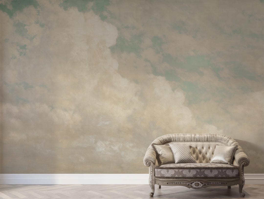 Cloudscape Wallpaper Mural | Vintage Sky Fresco Wall Mural | Soft Beige ...