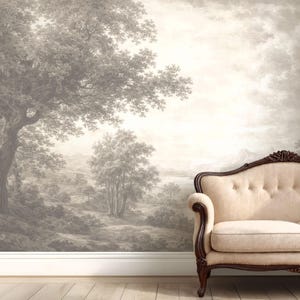 Toile Pastoral Landscape Wallpaper, Classical Etching Wall Mural, Removable Peel & Stick, Sepia Cream French Country Décor