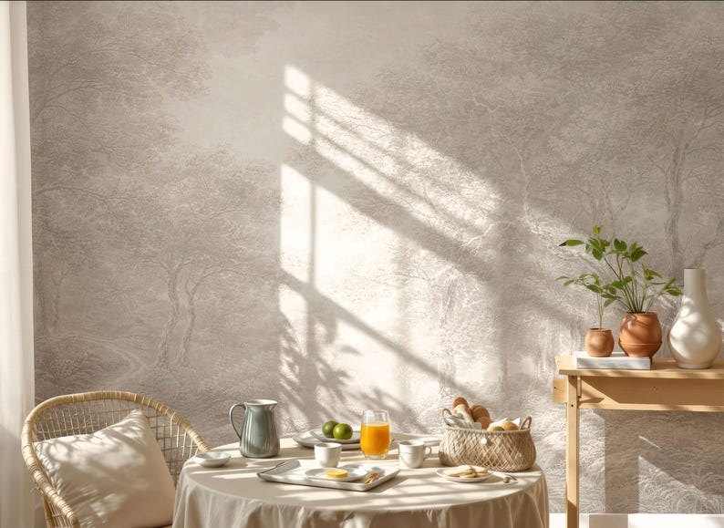 Forest Wall Mural, Monochrome Beige Tree Wallpaper, Etching Style Landscape Wall, Classic Nature Wallpaper, Antique Removable Peel and Stick image 4