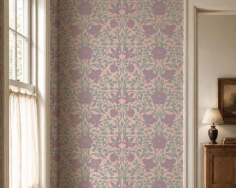 Blush Pink Mauve Floral Wallpaper, William Morris Style Vintage Pattern, Sage Green Peel and Stick Removable Wallpaper