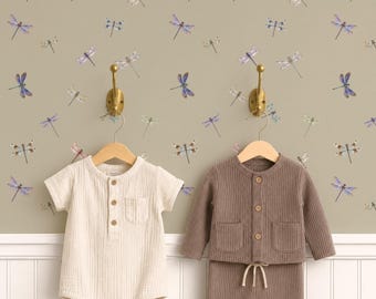Dragonfly Nursery Wallpaper, Watercolor Dragonflies Wall Mural, Neutral Baby Room Wallpaper, Peel and Stick Wallpaper, Pastel Kids Art Décor
