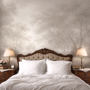 Forest Wall Mural, Monochrome Beige Tree Wallpaper, Etching Style Landscape Wall, Classic Nature Wallpaper, Antique Removable Peel and Stick image 1