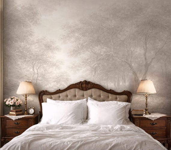 Forest Wall Mural, Monochrome Beige Tree Wallpaper, Etching Style Landscape Wall, Classic Nature Wallpaper, Antique Removable Peel and Stick