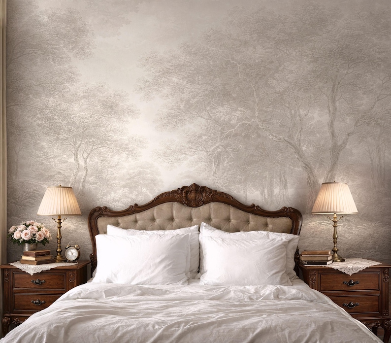 Forest Wall Mural, Monochrome Beige Tree Wallpaper, Etching Style Landscape Wall, Classic Nature Wallpaper, Antique Removable Peel and Stick image 1