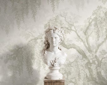 Wisteria Floral Wall Mural, Light Grey Botanical Removable Wallpaper, Monochrome Nature Wall Art, Peel and Stick or Non-Woven Wallpaper