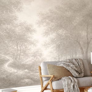 Forest Wall Mural, Monochrome Beige Tree Wallpaper, Etching Style Landscape Wall, Classic Nature Wallpaper, Antique Removable Peel and Stick image 2