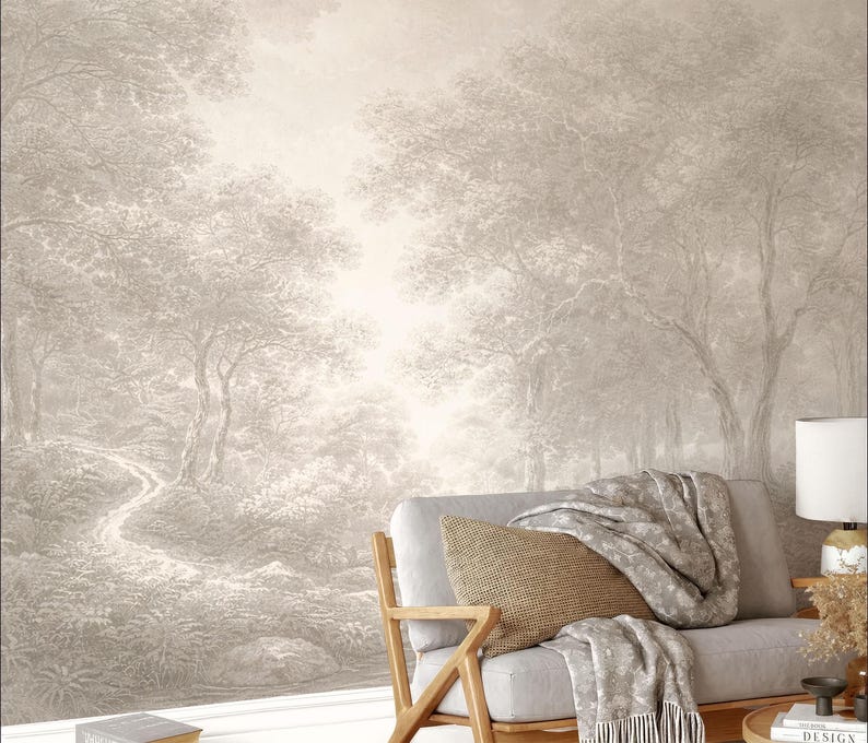 Forest Wall Mural, Monochrome Beige Tree Wallpaper, Etching Style Landscape Wall, Classic Nature Wallpaper, Antique Removable Peel and Stick image 2