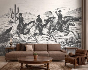 Cowboy Action Mural, Wild West Lasso Wall Décor, Black and White Desert Wallpaper, Western Toile Peel and Stick, Rustic Horseman Mural