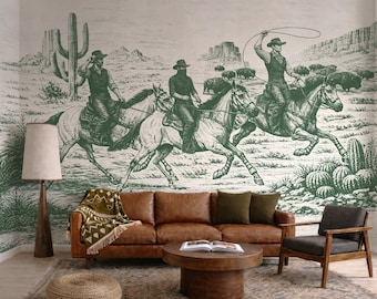 Western Cowboy Wall Mural, Retro Wild West Toile Wallpaper, Sketch Style Horse & Rider Mural Saguaro Cactus, Peel and Stick Custom Wallpaper