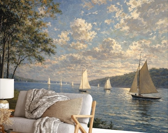 Sailboat Wall Mural Oil Painting, Classical River Landscape Wallpaper, Sunset Lake Seascape Mural, Antique Nautical Wall Art Décor