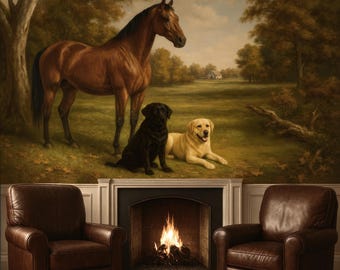 Horse and Dogs Mural Wallpaper, Classic Equestrian Landscape Wall Art, Rustic Farmhouse Living Room Decor, Peel and Stick or Non-Woven