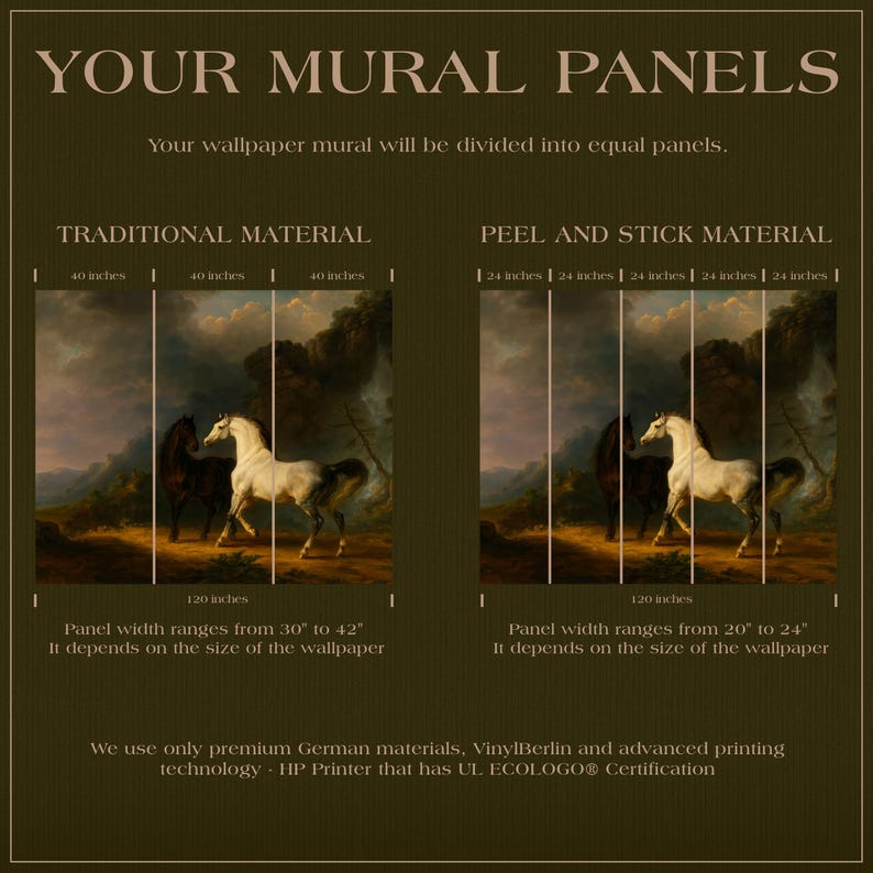 The image is a wall mural featuring two panels of horses in a landscape scene. The text indicates that the mural will be divided into equal panels, and the wall mural will be made of peel and stick material. The panels are described in terms of their width, ranging from 120 to 240 inches, depending on the size of the wallpaper. The wall mural is made of premium German materials, including vinyl and advanced printing technology, and is certified by the HP printer.