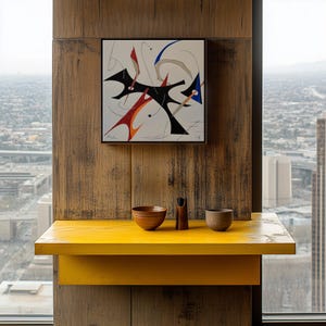 May include: An abstract painting with black, red, and blue shapes hangs on a wooden wall. Below, a yellow shelf displays three wooden vessels. The artwork is framed, and the scene is set against a cityscape view.