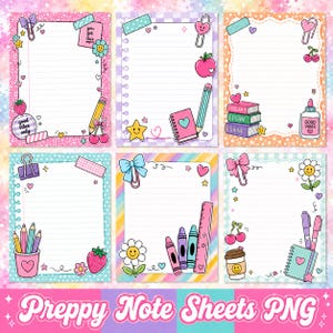 Preppy Note Sheets PNG Bundle, Cute Decorated Lined Paper Pages, Colorful Doodle Writing Frames, School Notes PNG Set