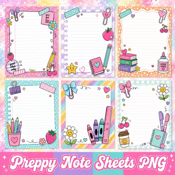 Preppy Note Sheets PNG Bundle, Lined Paper Pages, School Doodle Frames (Digital Download)