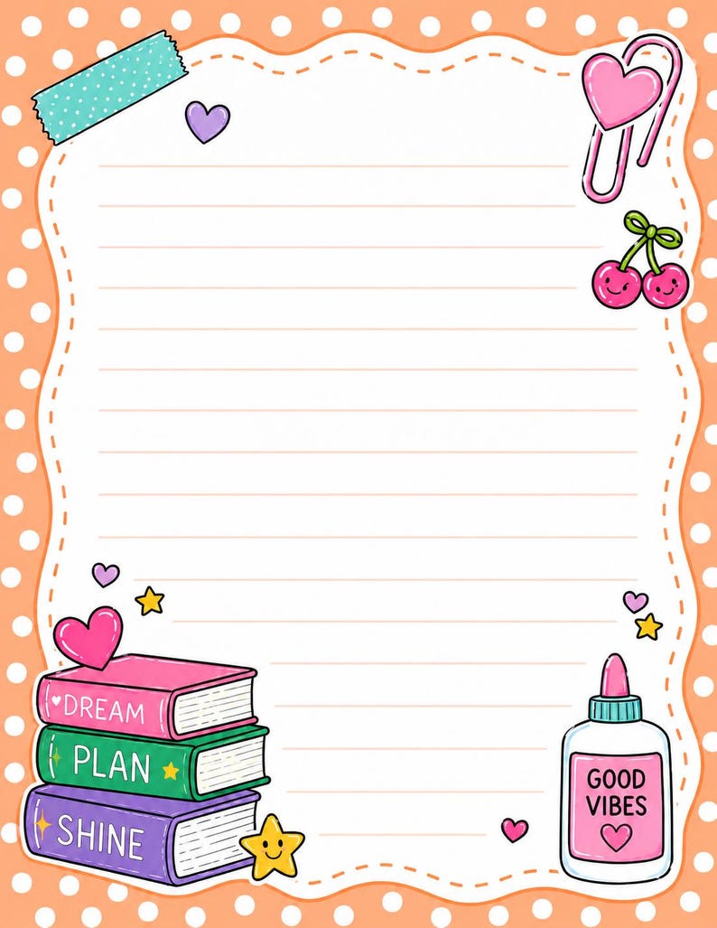 May include: A lined stationery sheet with an orange polka dot border. Illustrations include a teal washi tape strip, a pink heart paperclip, two cherries, a glue bottle labeled GOOD VIBES, and three stacked books labeled DREAM, PLAN, and SHINE.