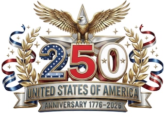 May include: A patriotic emblem celebrating the 250th anniversary of the United States of America. Features a golden eagle, a star, and the number 250 in red, white, and blue. Includes the text "United States of America Anniversary 1776-2026".