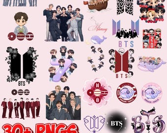 May include: A digital collection of over 30 BTS-themed PNG graphic illustrations featuring chibi characters, the BTS logo, whales, a ship, and various group portraits in purple, red, and black tones, presented as a high-resolution design set.