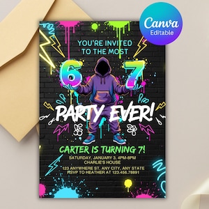 May include: A colourful party invitation with a graffiti design. The invitation features a figure holding the numbers 6 and 7, with the text "PARTY EVER!" and "CARTER IS TURNING 7!". The background is a black brick wall with neon accents.