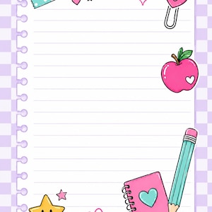 May include: A lined notebook paper sheet with a light purple checkered border. It features a teal polka-dot tape strip, a smiling pink heart paperclip, a pink apple, a yellow smiling star, a small pink notebook, and a teal pencil illustration.