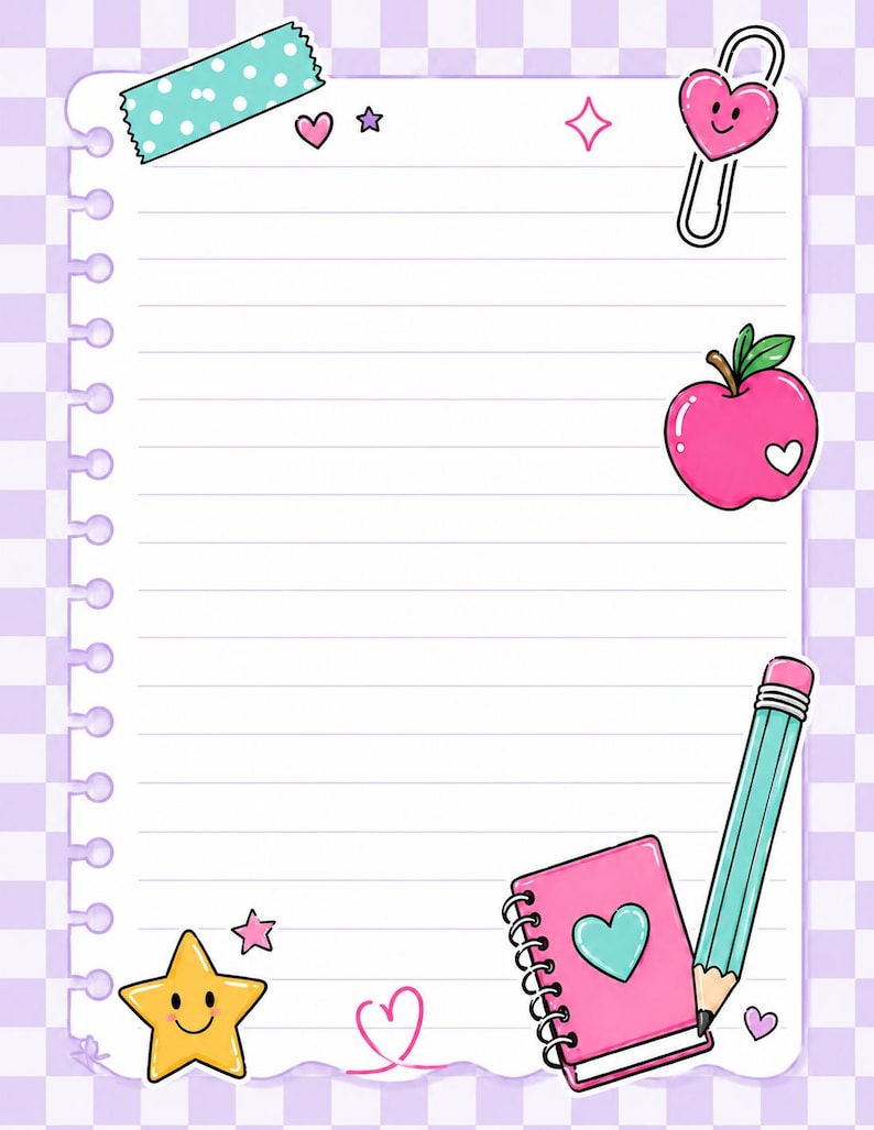 May include: A lined notebook paper sheet with a light purple checkered border. It features a teal polka-dot tape strip, a smiling pink heart paperclip, a pink apple, a yellow smiling star, a small pink notebook, and a teal pencil illustration.