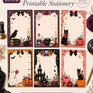 May include: A set of 8.5 x 11 inch Halloween printable stationery featuring 12 designs. The sheets display illustrations of black cats, pumpkins, ghosts, haunted houses, skulls, ravens, and potion bottles with lined writing areas and bows.