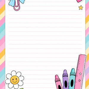 May include: A rectangular sheet of lined paper with a diagonal striped border in pastel colors. The top left features a blue bow and paperclip, while the bottom right displays three crayons and a pink ruler. A smiling flower sits at the bottom left.