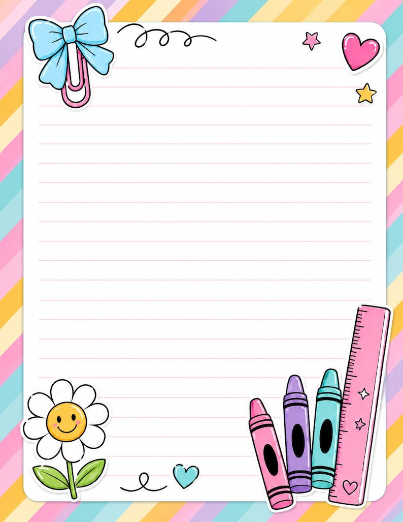 May include: A rectangular sheet of lined paper with a diagonal striped border in pastel colors. The top left features a blue bow and paperclip, while the bottom right displays three crayons and a pink ruler. A smiling flower sits at the bottom left.