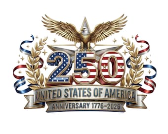 May include: A patriotic emblem celebrating the 250th anniversary of the United States of America. Features a golden eagle, the number "250" in red, white, and blue, and the text "United States of America Anniversary 1776-2026".
