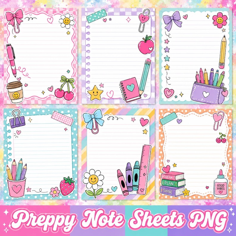 Preppy Note Sheets PNG Bundle, Lined Paper Pages, School Doodle Frames (Digital Download) image 2