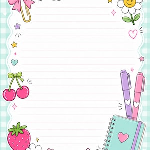 May include: A lined stationery sheet with a light blue gingham border featuring illustrations of a pink bow, a smiling daisy, cherries, a strawberry, and a spiral notebook with two pens. The design includes small hearts, stars, and sparkles.