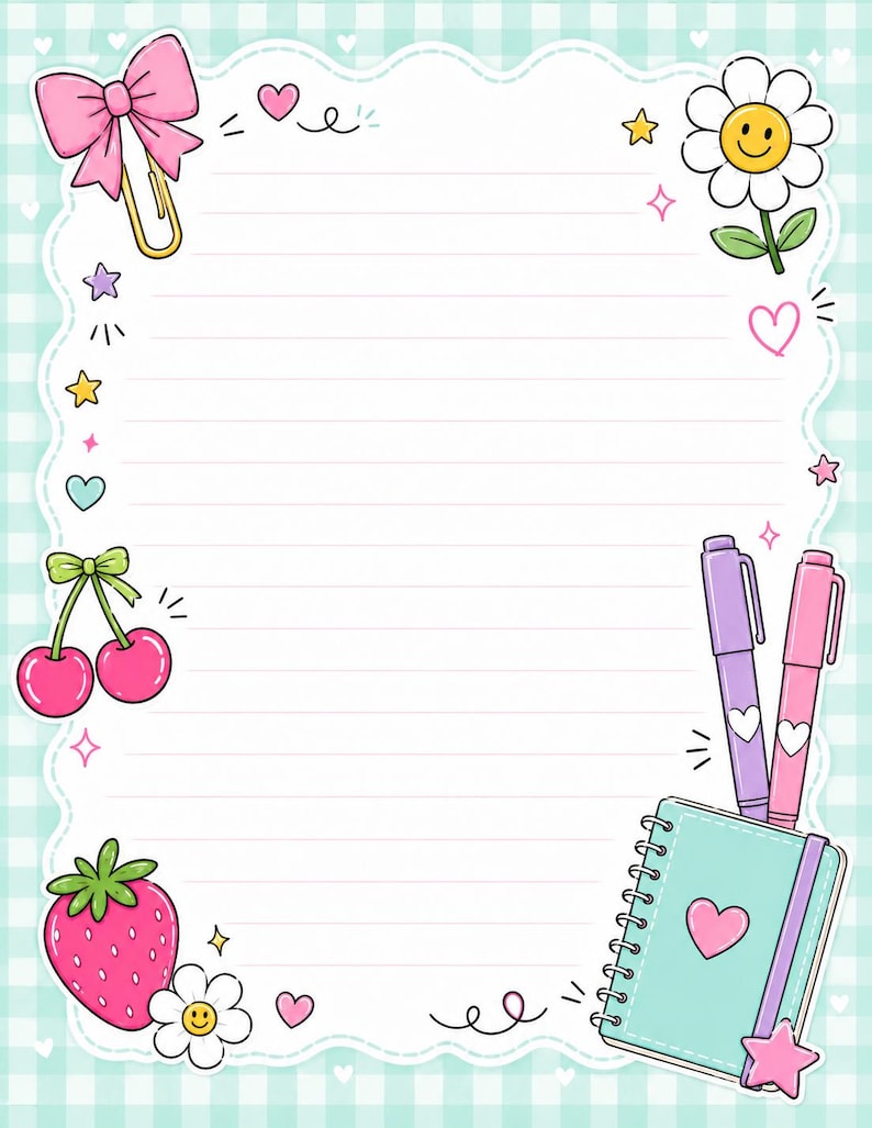 May include: A lined stationery sheet with a light blue gingham border featuring illustrations of a pink bow, a smiling daisy, cherries, a strawberry, and a spiral notebook with two pens. The design includes small hearts, stars, and sparkles.