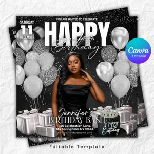 Könnte beinhalten: Eine schwarz-weiße Geburtstagseinladungsvorlage mit einer Frau in einem schwarzen Kleid. Die Einladung enthält silberne Luftballons, verpackte Geschenke und eine Torte. Der Text enthält "Happy Birthday" und "Jennifer's Birthday Bash". Das Canva-Logo ist sichtbar.