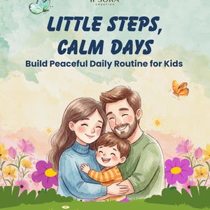 May include: A digital illustration featuring a family of three embracing in a field of flowers. Text reads: IPSORA CREATION, LITTLE STEPS, CALM DAYS, Build Peaceful Daily Routine for Kids. Butterflies and stars decorate the soft, watercolour-style background.