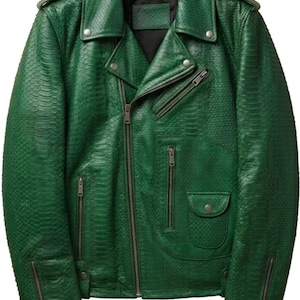 Handmade Men's Emerald Green Snakeskin Leather Jacket | Genuine Python Texture Biker Jacket | Luxury Punk Rock Motorcycle Jacket for Men