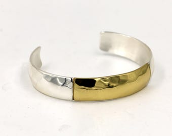 Hammered Two Tone Brass and Silver Cuff Bracelet, Mixed Metal Statement Bangle