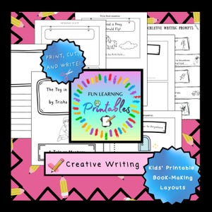 May include: A collection of printable book-making layouts for kids, featuring creative writing prompts and title page examples. The image includes text that says "Print, Cut, and Write!" and "Fun Learning Printables". The background is pink with yellow pencil illustrations.