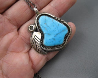 Vintage Navajo Sterling Natural Turquoise Pendant Necklace Signed Navajo Aaron Chischiligi