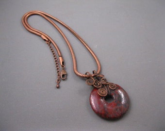 Handmade Copper Wire Wrap Red Jasper Donut Pendant Necklace 3 MM Plus Snake Chain