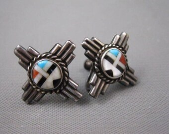 Old Pawn Zuni Sterling Zia Sun Face Screw On Earrings