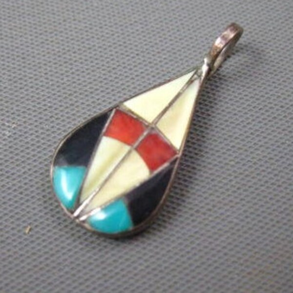 Vintage Zuni Sterling Turquoise Coral Jet Yellow MOP Pendant Charm Single Earring