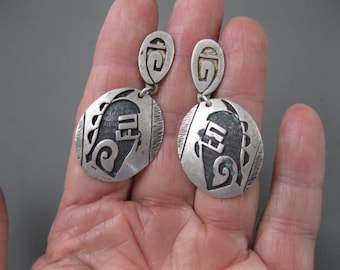 Old Hopi Sterling Overlay Long Hair Kachina Screw On Earrings Rare