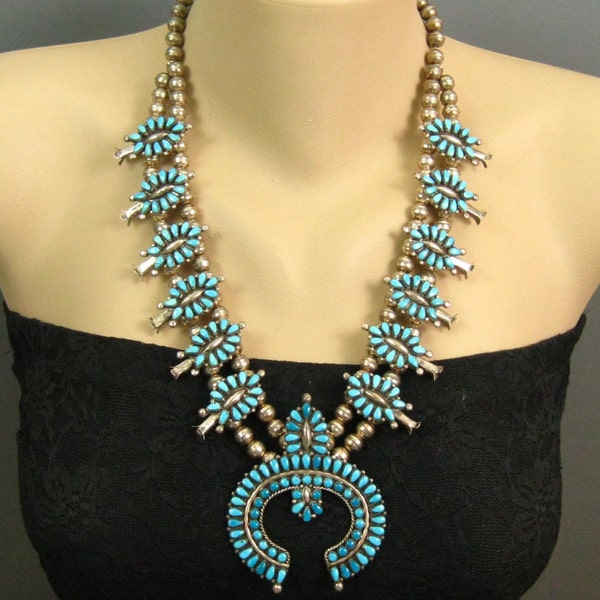 Vintage Zuni Maryann Felix Chavez Turquoise Petit Point Squash Blossom Necklace