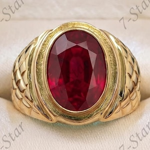 Anillo de oro de 14 quilates con rubí rojo, anillo llamativo con piedra preciosa roja.