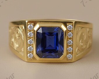 Bague Homme En Or Jaune Massif 14 Carats Avec Saphir Bleu De Laboratoire - Toutes Tailles Disponibles