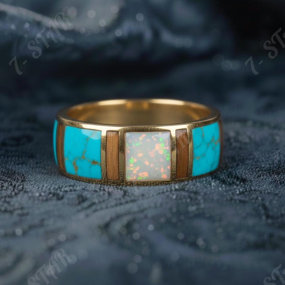 Opal & Turquoise Inlay Ring - Unique Wedding Band - Etsy