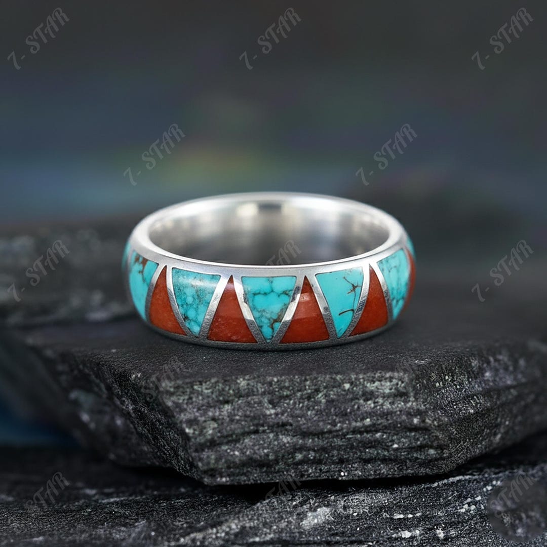 Geometric Inlay Ring Coral & Turquoise Inlay Ring, Geometric Band, Sterling Silver - Etsy