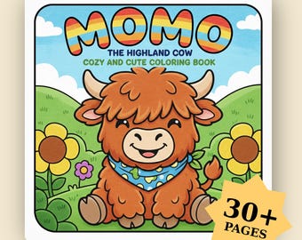 Livro de colorir Momo, a vaca das Terras Altas: desenhos aconchegantes de vacas, atividade fácil e divertida para crianças.