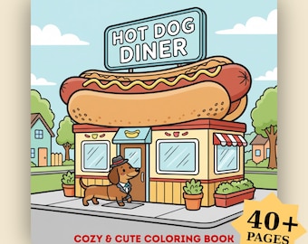 Livro de colorir Hot Dog Diner: Páginas divertidas e aconchegantes com dachshunds e salsichas para crianças e adultos.
